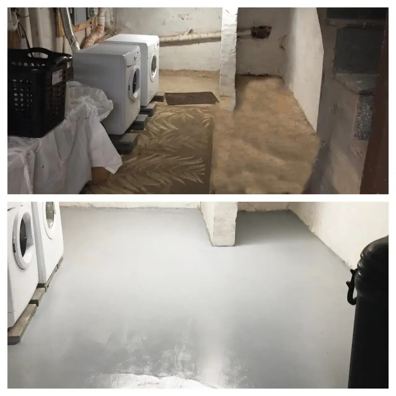 Before and after: basement laundry area with a new concrete floor