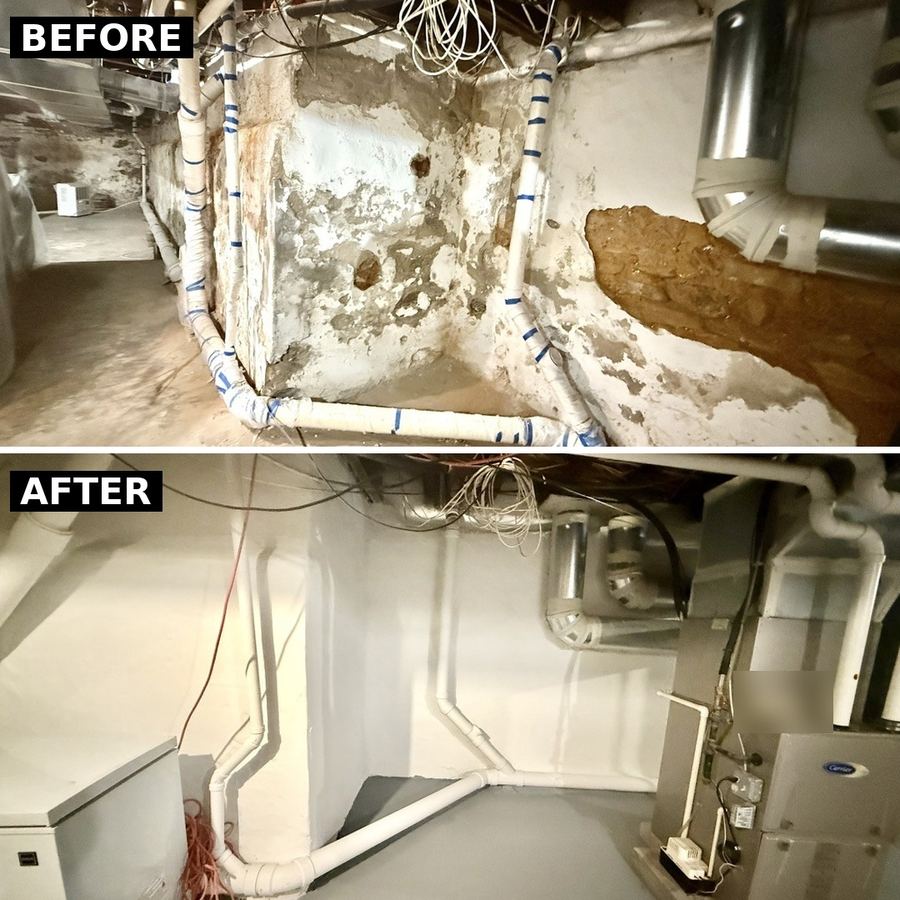 Before and after: stone basement wall by the furnace repaired, parged and painted white in Philadelphia
