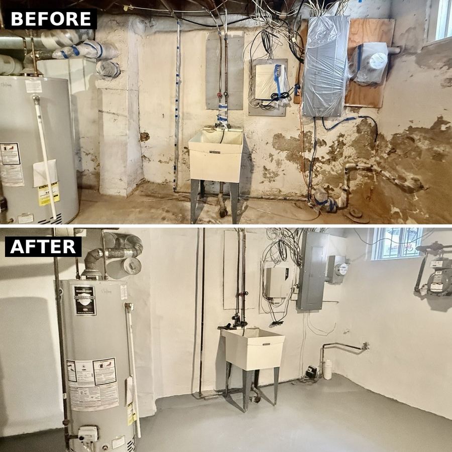 Before and after of a stone basement wall repaired and parged by Dependable Concrete in Philadelphia (2)