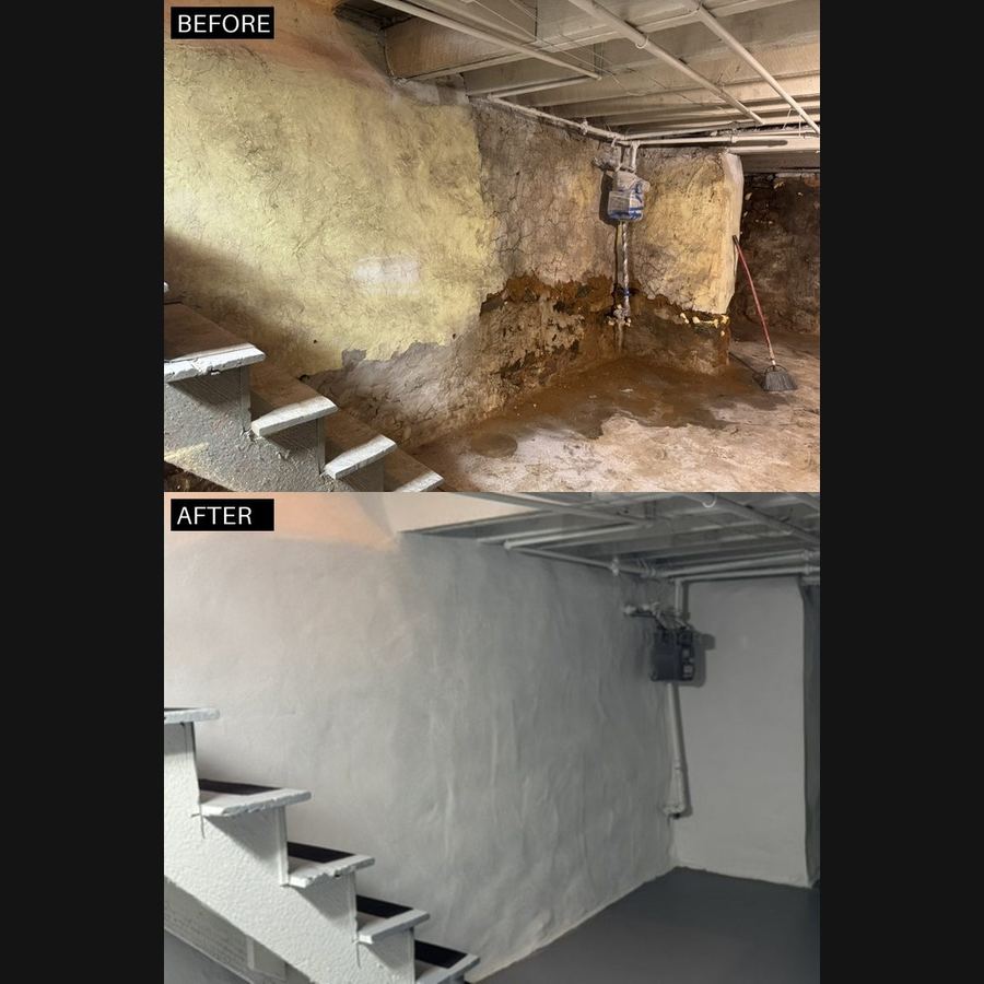 Before and after: crumbling basement corner by the stairs waterproofed and sealed in a Philadelphia home