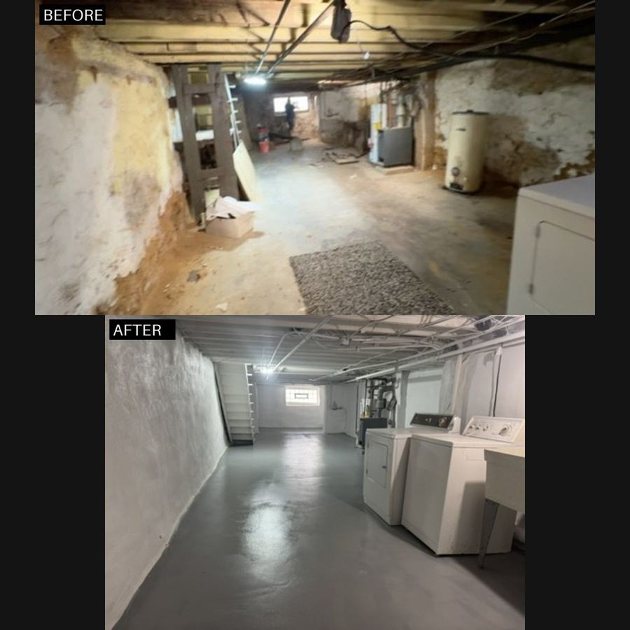 Before and after: long, damp Philadelphia basement waterproofed, with sealed walls and a new grey floor