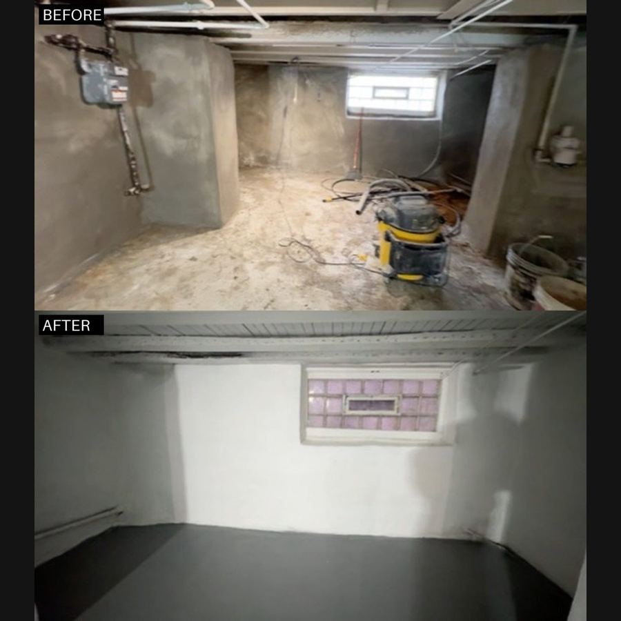 Before and after: small Philadelphia basement room waterproofed and finished