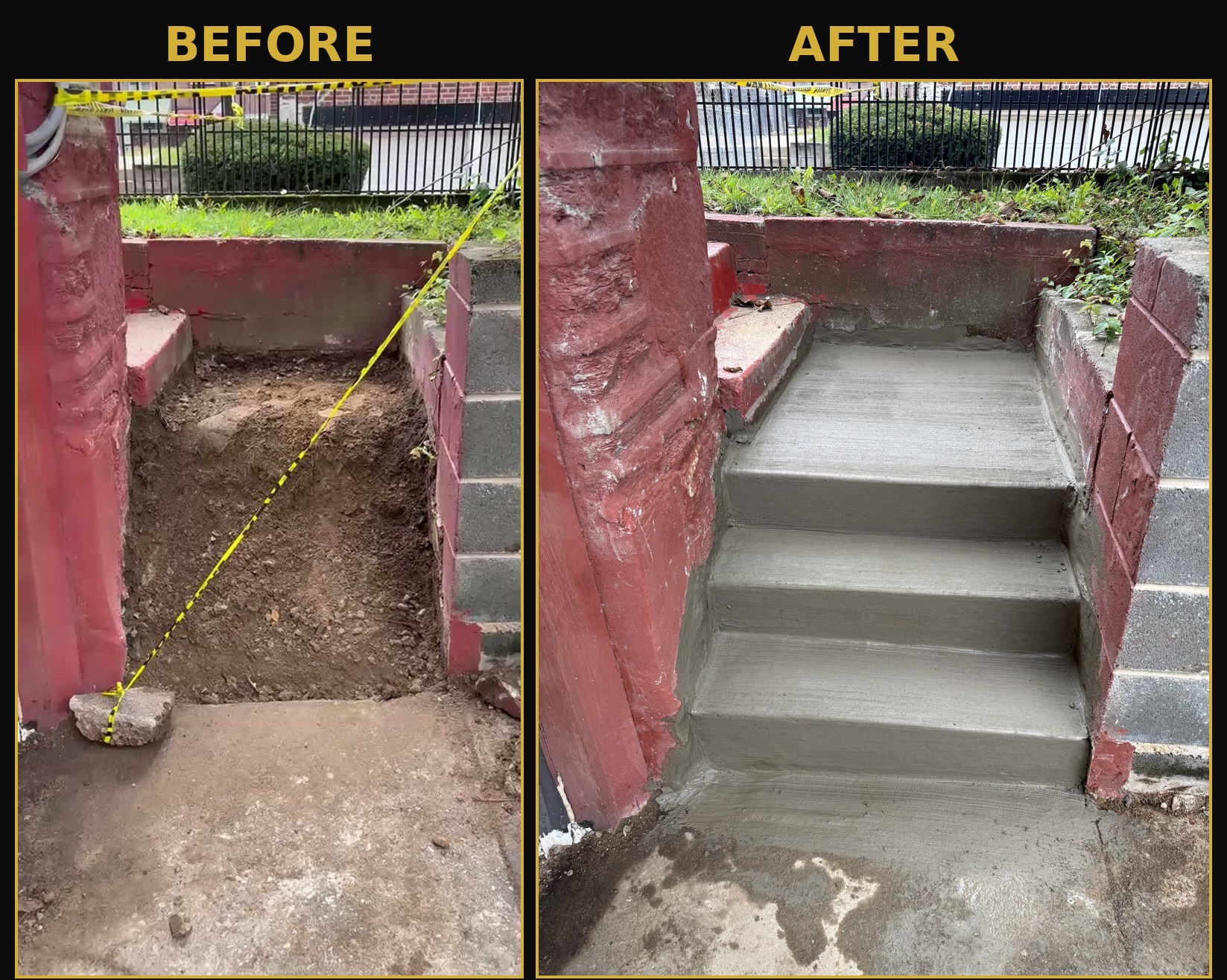Excavated entry area and new poured concrete steps in Philadelphia, before and after