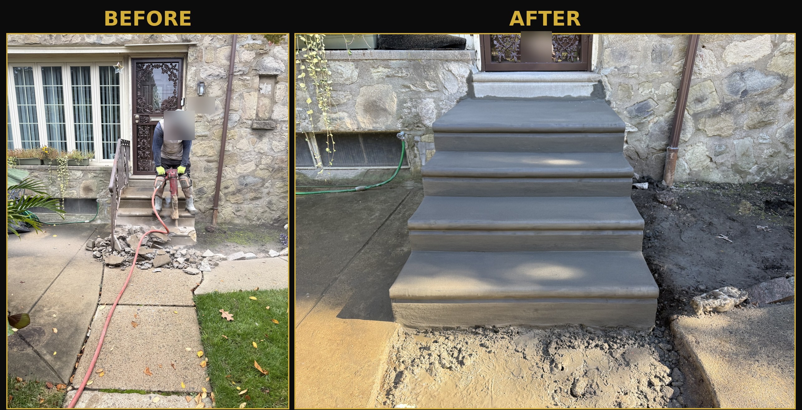 Old front steps being broken out and new poured concrete front steps in Philadelphia