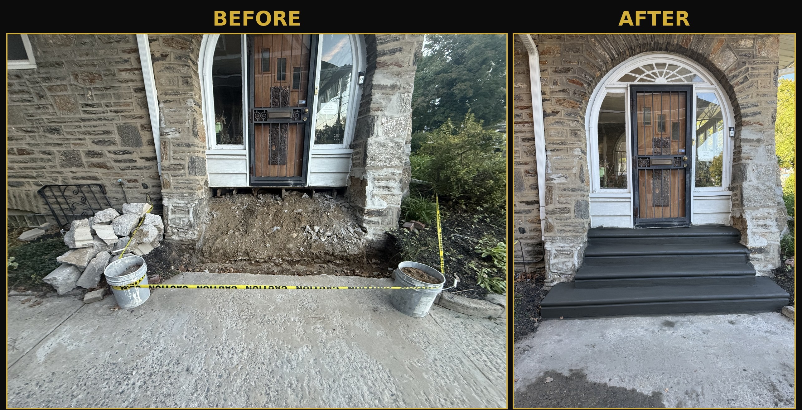 Front entrance concrete steps rebuilt under a stone arch in Philadelphia 19126, before and after